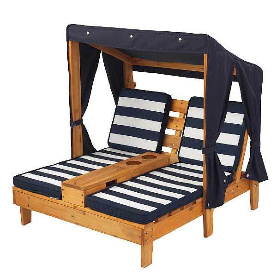 Exterior KIDKRAFT Columpios | Tumbona Doble Con Posavasos Y Colchonetas Rayas Azul Y Blanco