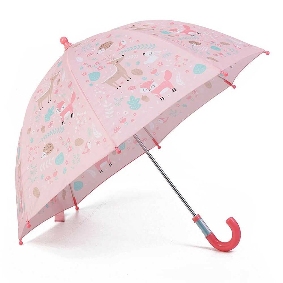 Muebles & Deco EUREKAKIDS Accesorios Para La Lluvia | Paraguas Infantil Rosa Con Estampado De Animales Del Bosque