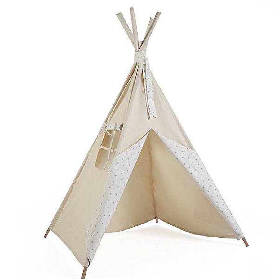 Muebles & Deco BARRUTOYS Tipis De Tela Y Accesorios | Tipi Beige Y Blanco Estampado Estrellitas